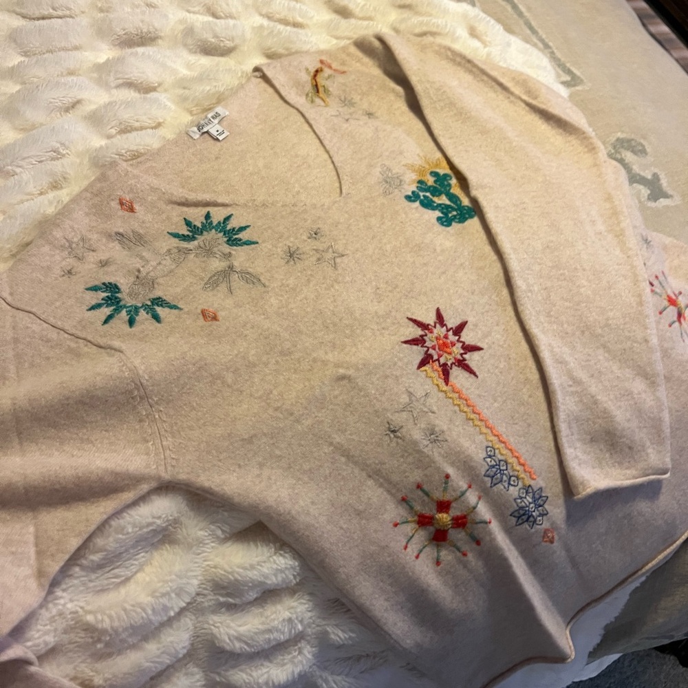 Anthropologie Beige Embroidered Sweater
